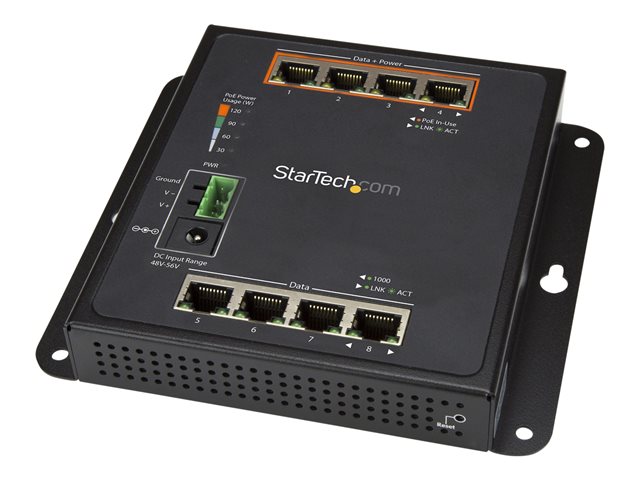 StarTech.com Industrial 8 Port Gigabit PoE Switch, 4 x PoE+ 30W, Power Over Ethernet, Hardened GbE Layer/L2 Managed Switch, Rugged High Power Gigabit Network Switch IP-30/-40C to +75C - Managed Network Switch (IES81GPOEW) - Switch - Managed - 4 x 10/100/1000 + 4 x 10/100/1000 (PoE+) - wall-mountable - PoE+ (120 W) - DC power