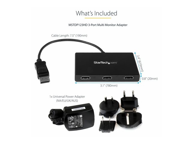 StarTech.com 3-Port Multi Monitor Adapter, DisplayPort 1.2 to HDMI MST Hub, Triple 1080p HDMI Monitor, Video Splitter for Extended Desktop Mode on Windows PCs Only, DP to 3x HDMI MST Hub - Multi Stream Transport (MSTDP123HD) - Video/audio splitter - 3 x HDMI - desktop - AC 100/240 V