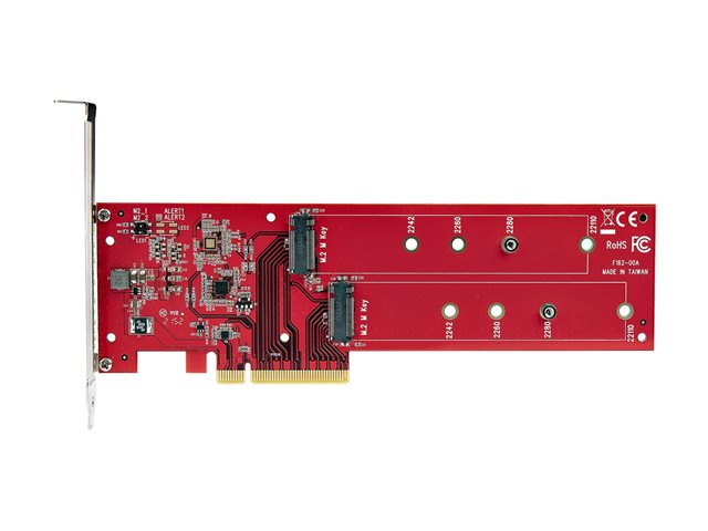 StarTech.com Dual M.2 PCIe SSD Adapter Card, x8 / x16 Dual NVMe or AHCI M.2 SSD to PCI Express 4.0, Up to 7.8GBps/Drive, For 2242/2260/2280/22110mm PCIe M-Key M2 SSDs, Bifurcation Required - PC/Linux Compatible (DUAL-M2-PCIE-CARD-B) - Interface adapter - M.2 - Expansion Slot to 2 x M.2 - M.2 Card - low profile - RAID RAID 0, 1, JBOD - PCIe 4.0 x16/x8 - red