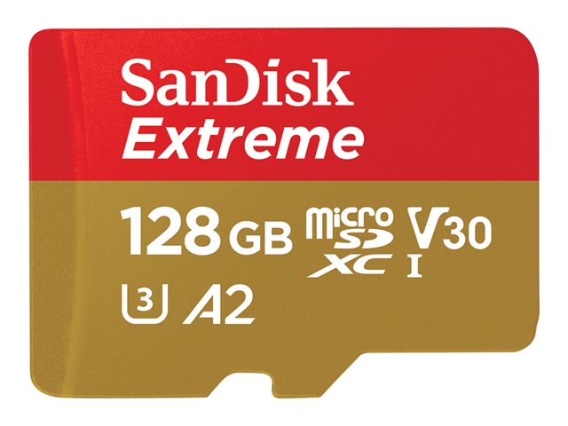 SanDisk Extreme - Flash memory card (microSDXC to SD adapter included) - 128 GB - A2 / Video Class V30 / UHS-I U3 / Class10 - microSDXC UHS-I