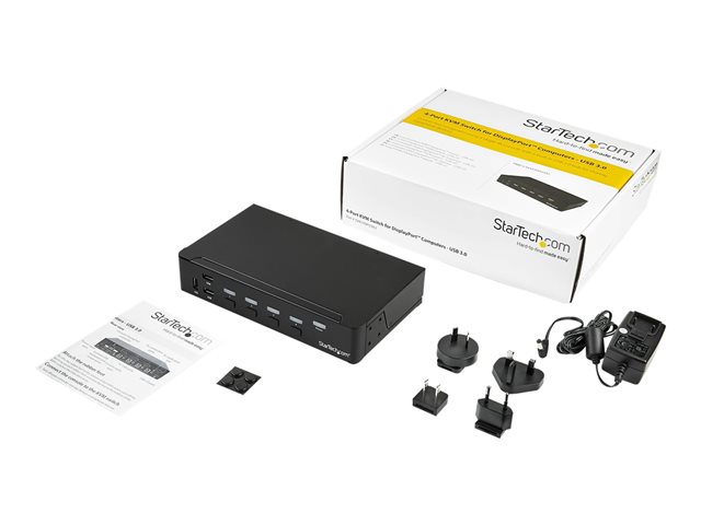 StarTech.com 4 Port DisplayPort KVM Switch - DP KVM Switch with Audio and Built-in USB 3.0 Hub for Peripherals - 4K 30Hz (SV431DPU3A2) - KVM / USB switch - 4 x KVM / audio / USB + 3 x SuperSpeed USB - 1 local user - rack-mountable - AC 120/230 V / DC 9 - 12 V - for P/N: SV431RACK