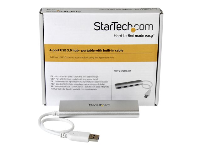 StarTech.com 4 Port Portable USB 3.0 Hub with Built-in Cable - Aluminum and Compact USB Hub (ST43004UA) - Hub - 4 x SuperSpeed USB 3.0