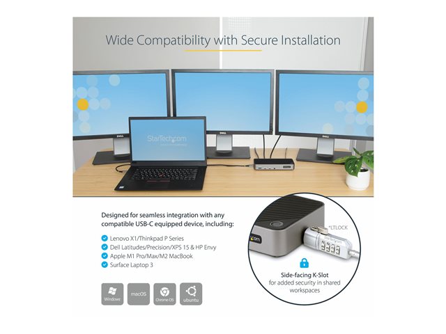 StarTech.com USB-C Triple Monitor Docking Station - HDMI/DP Triple 4k USB-C Dock - 5x USB Hub - GbE - 100W PD - Universal Multi Monitor Docking Station - Thunderbolt 3/4 Compatible (116E-USBC-DOCK) - Docking station - USB-C - 1GbE