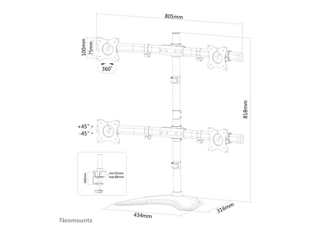 Neomounts NM-D335D4 - Stand - full-motion - for 4 LCD displays - black - screen size: 10\"-27\" - desktop stand, clamp mountable, grommet, desk-mountable