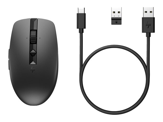 HP 715 - Mouse - multi-device, rechargeable - 7 buttons - wireless, wired - Bluetooth 3.0, 2.4 GHz - USB wireless receiver - black