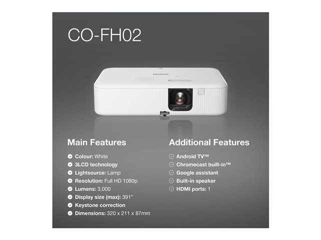 Epson CO-FH02 - 3LCD projector - portable - 3000 lumens (white) - 3000 lumens (colour) - Full HD (1920 x 1080) - 16:9 - 1080p - black / white - Android TV