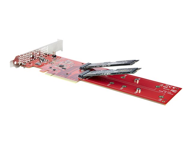 StarTech.com Dual M.2 PCIe SSD Adapter Card, x8 / x16 Dual NVMe or AHCI M.2 SSD to PCI Express 4.0, Up to 7.8GBps/Drive, For 2242/2260/2280/22110mm PCIe M-Key M2 SSDs, Bifurcation Required - PC/Linux Compatible (DUAL-M2-PCIE-CARD-B) - Interface adapter - M.2 - Expansion Slot to 2 x M.2 - M.2 Card - low profile - RAID RAID 0, 1, JBOD - PCIe 4.0 x16/x8 - red