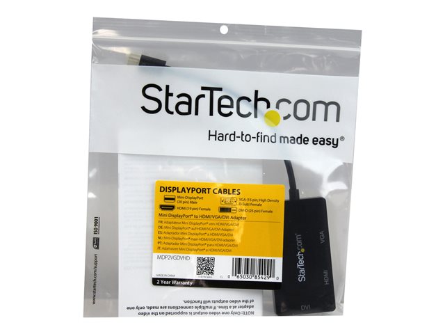StarTech.com 3 in 1 Mini DisplayPort Adapter - 1080p - Mini DP / Thunderbolt to HDMI / VGA / DVI Splitter for Your Monitor (MDP2VGDVHD) - Adapter - Mini DisplayPort male to HD-15 (VGA), DVI-D, HDMI female - 27 cm - black - active, 1920 x 1200 (WUXGA) support - for P/N: DKT31CMDPHPD