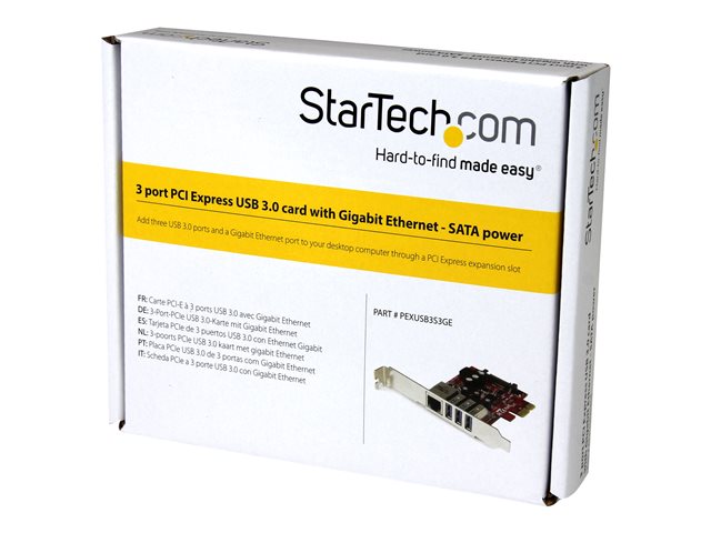 StarTech.com 3 Port PCI Express USB 3.0 Card + Gigabit Ethernet - Fits Standard & Low-Profile PCs - UASP Supported - Optional SATA Power (PEXUSB3S3GE) - Network / USB adapter - PCIe 2.0 low profile - USB 3.0 x 3 + 1000Base-T x 1