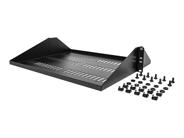 StarTech.com 2U Vented Server Rack Shelf, Center Mount 14in Deep Fixed Cantilever Tray, Rackmount Shelf for 19\" AV/Data/Network Equipment w/ Cage Nuts & Screws, 200lbs Weight Capacity - 2U Network Rack Shelf - Rack shelf - black - 2U - 19\"