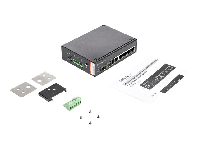 StarTech.com Industrial 6 Port Gigabit Ethernet Switch 4 PoE RJ45 +2 SFP Slots 30W PoE+ 48VDC 10/100/1000 Power Over Ethernet LAN Switch -40C to 75C, DIN Connector/Mountable, Fast Ethernet - High Power PoE Switch (IES1G52UPDIN) - Switch - 1 x 10/100/1000 + 4 x 10/100/1000 (PoE+) + 2 x SFP - DIN rail mountable - PoE+ (120 W) - DC power