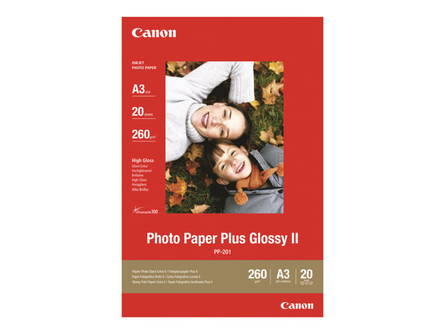 Canon Photo Paper Plus Glossy II PP-201 - Glossy - A3 (297 x 420 mm) 20 sheet(s) photo paper - for PIXMA iX4000, iX5000, iX7000, PRO-1, PRO-10, PRO-100, Pro9000, Pro9500
