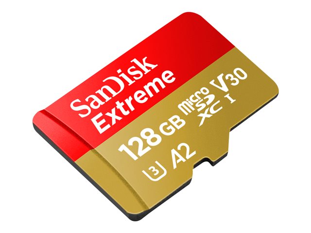 SanDisk Extreme - Flash memory card (microSDXC to SD adapter included) - 128 GB - A2 / Video Class V30 / UHS-I U3 / Class10 - microSDXC UHS-I