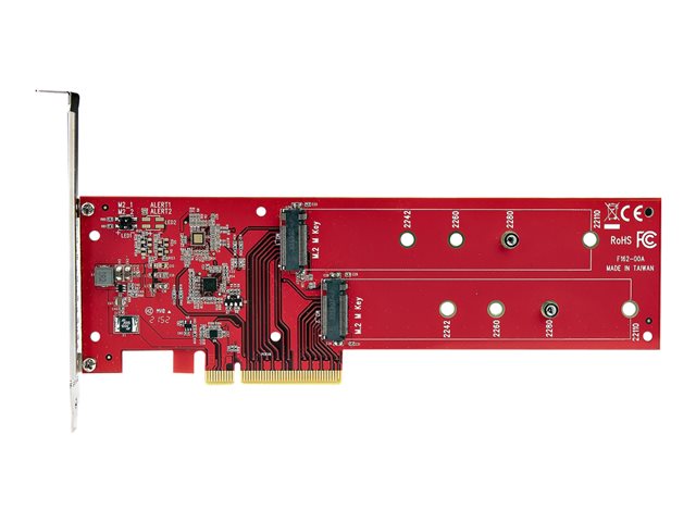StarTech.com Dual M.2 PCIe SSD Adapter Card, x8 / x16 Dual NVMe or AHCI M.2 SSD to PCI Express 4.0, Up to 7.8GBps/Drive, For 2242/2260/2280/22110mm PCIe M-Key M2 SSDs, Bifurcation Required - PC/Linux Compatible (DUAL-M2-PCIE-CARD-B) - Interface adapter - M.2 - Expansion Slot to 2 x M.2 - M.2 Card - low profile - RAID RAID 0, 1, JBOD - PCIe 4.0 x16/x8 - red