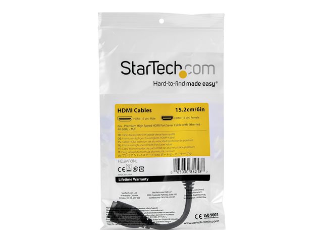 StarTech.com 6in High Speed HDMI Port Saver Cable with 4K 60Hz - Short HDMI 2.0 Male to Female Adapter Cable - Port Extender (HD2MF6INL) - HDMI extension cable - HDMI male straight to HDMI female straight - 15.2 cm - double shielded - black - 4K support