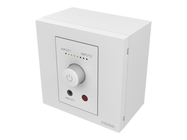 VISION Techconnect Faceplate Audio Amplifier - LIFETIME WARRANTY - 2 x 25w (RMS @ 8 Ohms) - Two inputs (input 1 duplicated on front) - Remote control - comes on at preset level or resume previous volume - UK surround and backbox included - can drive two pairs of speakers