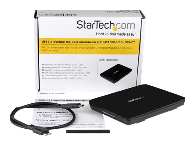 StarTech.com USB 3.1 (10Gbps) Type-C Enclosure - Tool-Free Enclosure - External Hard Drive Enclosure for 2.5in SATA SSD/HDD (S251BPU31C3) - Storage enclosure - 2.5" - SATA 6Gb/s - USB 3.1 (Gen 2) - black