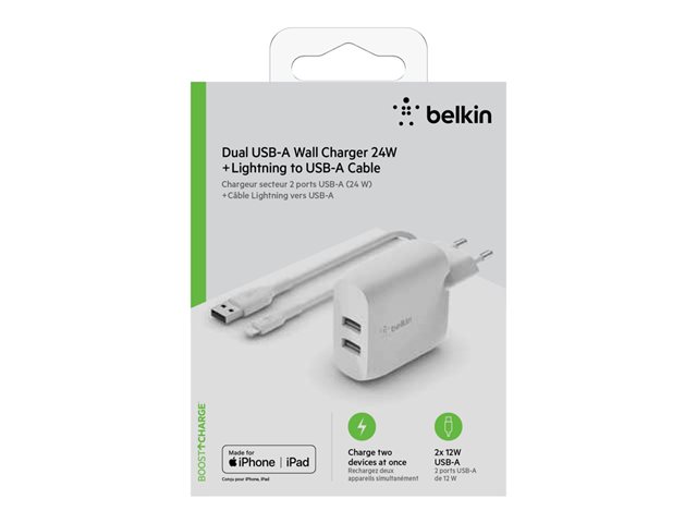 Belkin BoostCharge - Power adapter - 24 Watt - 2 output connectors (USB) - white