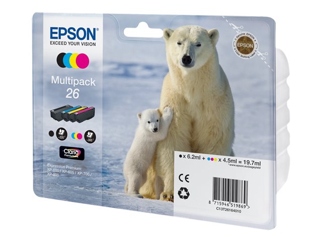 Epson 26 Multipack - 4-pack - black, yellow, cyan, magenta - original - blister with RF/acoustic alarm - ink cartridge - for Expression Premium XP-510, 520, 600, 605, 620, 625, 700, 720, 800, 820