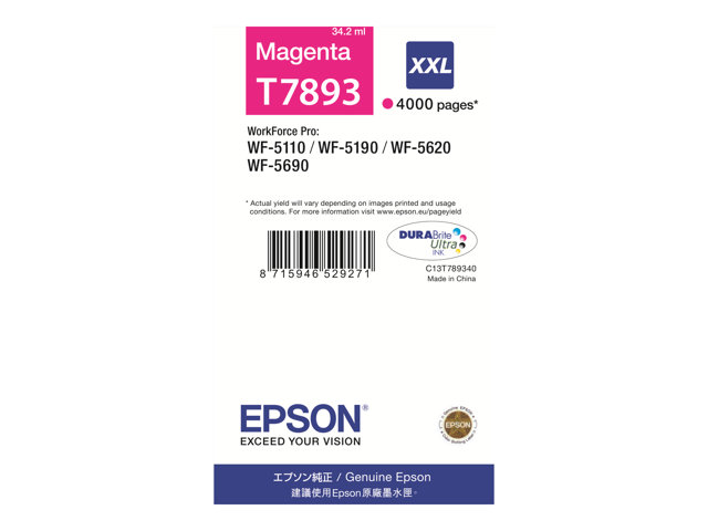 Epson T7893 - 34.2 ml - XXL size - magenta - original - print cartridge - for WorkForce Pro WF-5110DW, WF-5190DW, WF-5190DW BAM, WF-5620DWF, WF-5690DWF, WF-5690DWF BAM