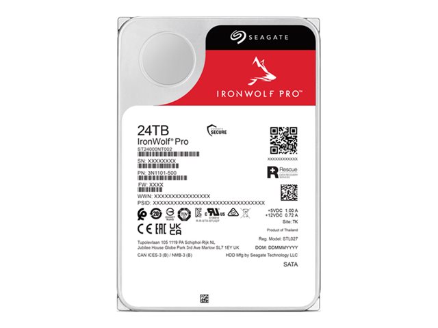 Seagate IronWolf Pro ST24000NT002 - Hard drive - 24 TB - internal - 3.5\" - SATA 6Gb/s - 7200 rpm - buffer: 512 MB - with 3 years Seagate Rescue Data Recovery