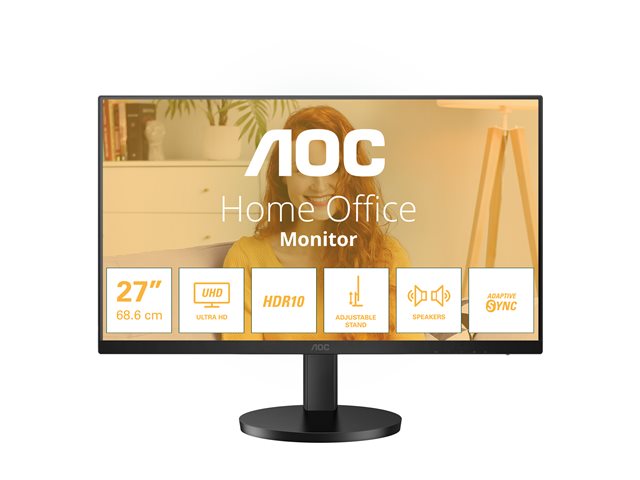 AOC U27B3AF - LED monitor - 27\" - 3840 x 2160 4K UHD (2160p) @ 60 Hz - IPS - 350 cd/m² - 1000:1 - HDR10 - 4 ms - 2xHDMI, DisplayPort - speakers - black