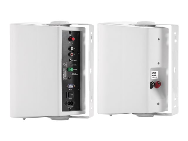 VISION Professional Pair Active 5.25\" Wall Speakers - LIFETIME WARRANTY - 2 x 30w (Program) - Bluetooth - RS-232 - Bluetooth (can be disabled), minijack and 2-phono inputs (summed) - C brackets included - 2-way with Bass reflex - white