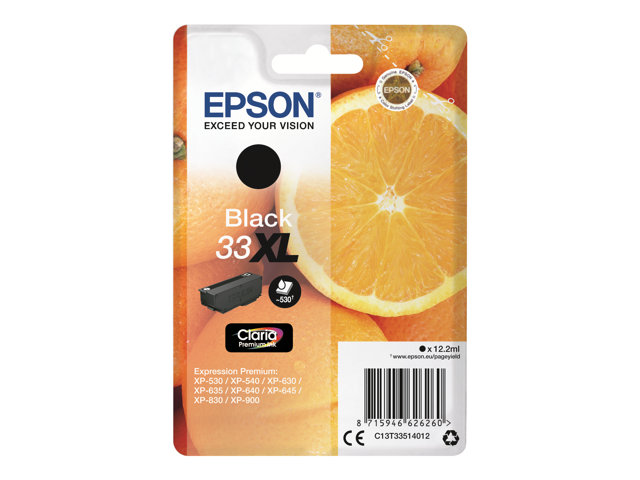 Epson 33XL - 12.2 ml - XL - black - original - blister with RF/acoustic alarm - ink cartridge - for Expression Home XP-635, 830, Expression Premium XP-530, 540, 630, 635, 640, 645, 830, 900