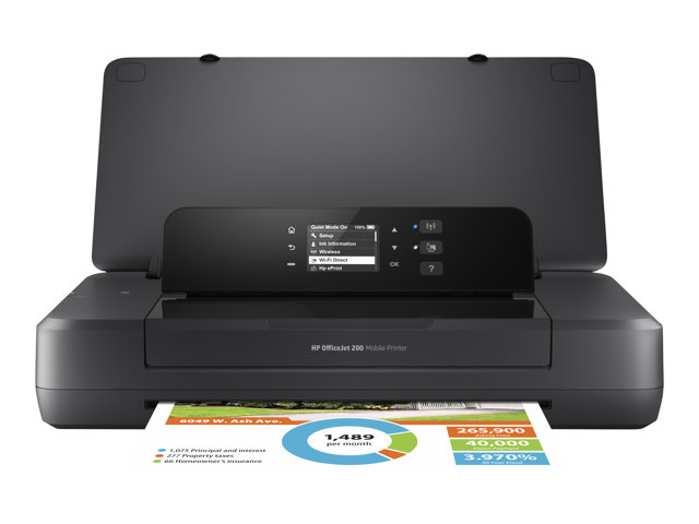 HP Officejet 200 Mobile Printer - Printer - colour - ink-jet - A4/Legal - 1200 x 1200 dpi - up to 20 ppm (mono) / up to 19 ppm (colour) - capacity: 50 sheets - USB 2.0, USB host, Wi-Fi