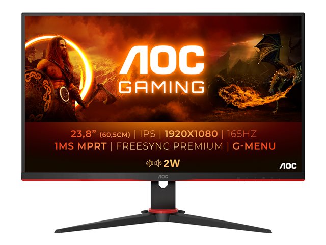 AOC Gaming 24G2SPAE/BK - G2 Series - LED monitor - gaming - 23.8" - 1920 x 1080 Full HD (1080p) @ 165 Hz - IPS - 300 cd/m² - 1000:1 - 1 ms - 2xHDMI, VGA, DisplayPort - speakers - black, red