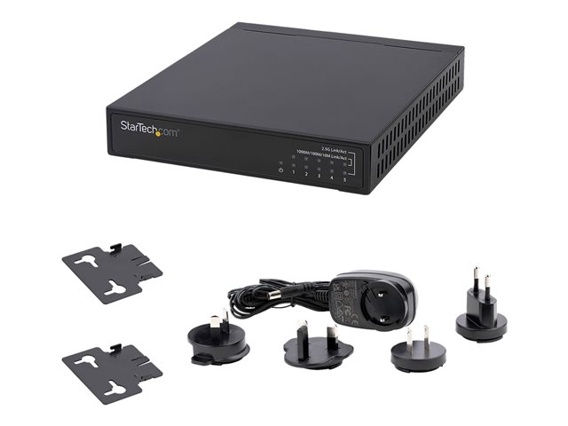 StarTech.com Unmanaged 2.5G Switch, 5 Port Gigabit Switch, 2.5GBASE-T Unmanaged Ethernet Switch, Ethernet Splitter, Din Rail or Wall Mount, Multi-Gigabit, All-Metal, Auto-MDIX, 9K Jumbo - 2.5 Gb Network Switch - Switch - unmanaged - 5 x 10/100/1000/2.5G - wall-mountable, desktop - DC power