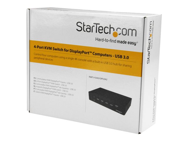 StarTech.com 4 Port DisplayPort KVM Switch - DP KVM Switch with Audio and Built-in USB 3.0 Hub for Peripherals - 4K 30Hz (SV431DPU3A2) - KVM / USB switch - 4 x KVM / audio / USB + 3 x SuperSpeed USB - 1 local user - rack-mountable - AC 120/230 V / DC 9 - 12 V - for P/N: SV431RACK