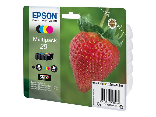Epson 29 Multipack - 4-pack - 14.9 ml - black, yellow, cyan, magenta - original - blister with RF/acoustic alarm - ink cartridge - for Expression Home XP-235, 245, 247, 255, 332, 335, 342, 345, 432, 435, 442, 445, 455