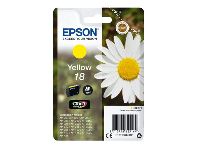 Epson 18 - 3.3 ml - yellow - original - blister with RF/acoustic alarm - ink cartridge - for Expression Home XP-212, 215, 225, 312, 315, 322, 325, 412, 415, 422, 425