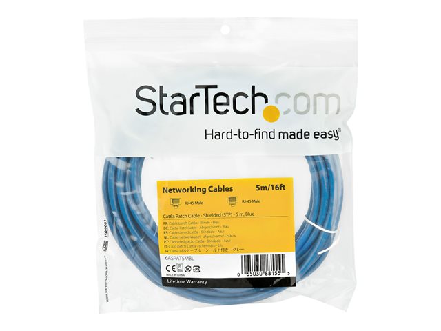 StarTech.com 5m CAT6A Ethernet Cable, 10 Gigabit Shielded Snagless RJ45 100W PoE Patch Cord, CAT 6A 10GbE STP Network Cable w/Strain Relief, Blue, Fluke Tested/UL Certified Wiring/TIA - Category 6A - 26AWG (6ASPAT5MBL) - Patch cable - RJ-45 (M) to RJ-45 (M) - 5 m - STP - CAT 6a - molded, snagless - blue