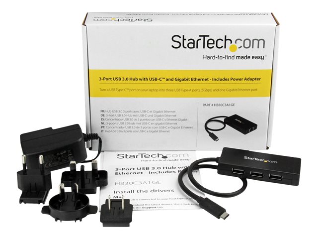 StarTech.com 3 Port USB C Hub with Ethernet - USB-C to 3x USB-A w/ Power Adapter & Gigabit Ethernet - Thunderbolt 3 Compatible - USB C Network Adapter (HB30C3A1GE) - Hub - 3 x SuperSpeed USB 3.0 + 1 x 10/100/1000 - desktop