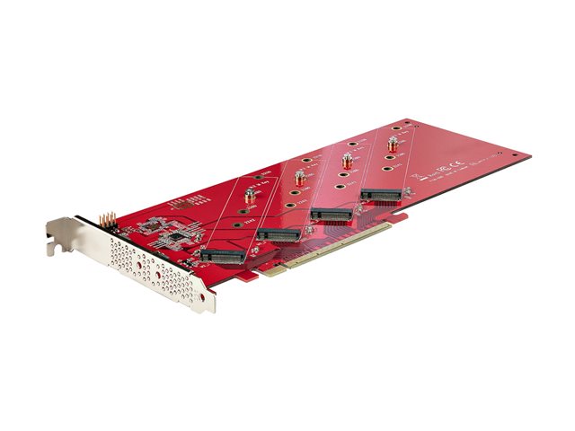 StarTech.com Quad M.2 PCIe Adapter Card, x16 Quad NVMe or AHCI M.2 SSD to PCI Express 4.0, Up to 7.8GBps/Drive, For 2242/2260/2280/22110mm PCIe M-Key M2 SSDs, Bifurcation Required - PC/Linux Compatible (QUAD-M2-PCIE-CARD-B) - Interface adapter - M.2 - Expansion Slot to 4 x M.2 - M.2 Card - low profile - RAID RAID 0, 1, JBOD - PCIe 4.0 x16/x8 - red