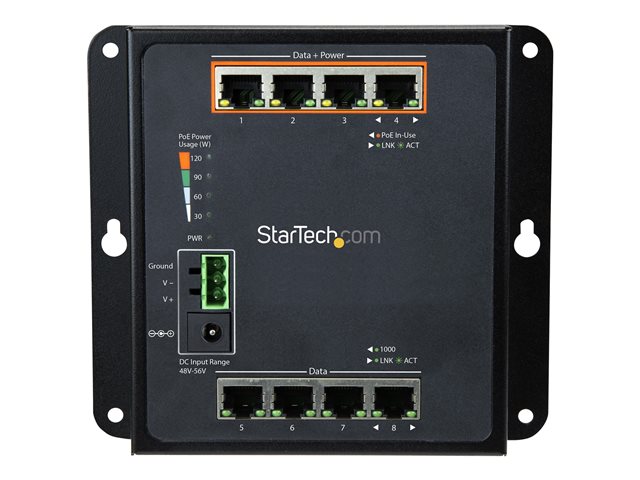 StarTech.com Industrial 8 Port Gigabit PoE Switch, 4 x PoE+ 30W, Power Over Ethernet, Hardened GbE Layer/L2 Managed Switch, Rugged High Power Gigabit Network Switch IP-30/-40C to +75C - Managed Network Switch (IES81GPOEW) - Switch - Managed - 4 x 10/100/1000 + 4 x 10/100/1000 (PoE+) - wall-mountable - PoE+ (120 W) - DC power