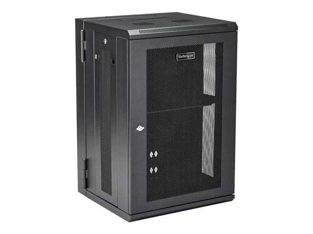 StarTech.com 18U 19\" Wall Mount Network Cabinet, 16\" Deep Hinged Locking IT Network Switch Depth Enclosure, Assembled Vented Computer Equipment Data Rack with Shelf & Flexible Side Panels - 18U Vented Cabinet (RK1820WALHM) - Rack enclosure cabinet - wall mountable - black - 18U