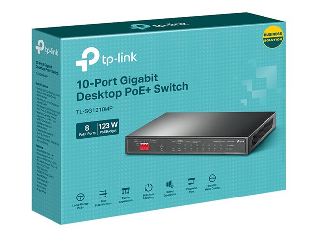 TP-Link TL-SG1210MP V2 - Switch - unmanaged - 8 x 10/100/1000 (PoE+) + 1 x 10/100/1000 (uplink) + 1 x Gigabit SFP (uplink) - desktop, wall-mountable - PoE+