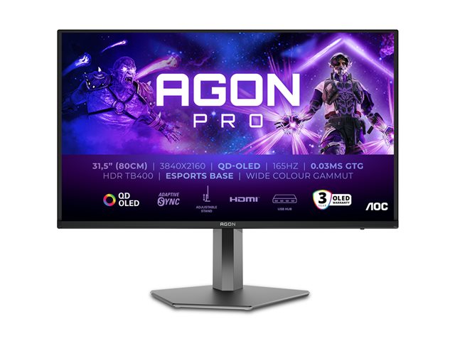 AOC AGON PRO AG326UD - OLED monitor - gaming - 32\" (31.5\" viewable) - 3840 x 2160 4K UHD (2160p) @ 165 Hz - 250 cd/m² - 15000000:1 - DisplayHDR 400 True Black - 0.03 ms - 2xHDMI, DisplayPort - speakers - dark grey
