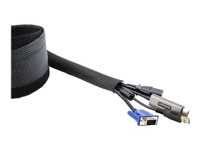 StarTech.com 10ft (3m) Cable Management Sleeve, Trimmable Heavy Duty Cable Wrap, 1.2\" (3cm) Dia Polyester Mesh Computer Cable Manager/Protector/Concealer - Black Cord Organizer/Hider, Floor Cable Cover, Wire Wraps (WKSTNCMFLX) - Cable management slee