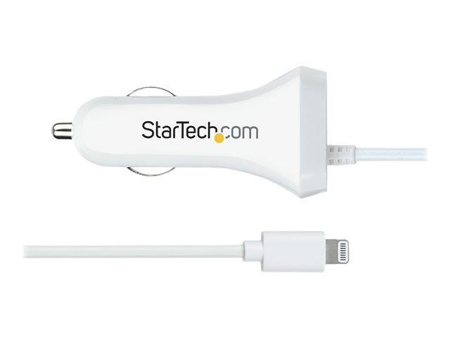 StarTech.com Lightning Car Charger with 1m Coiled Lightning Cable, 12W, White, 2 Port USB Car Charger Adapter for Phones and Tablets, In Car Apple iPhone/iPad Charger w/ Built-in Cord - Dual USB Car Charger (USBLT2PCARW2) - Car power adapter - 12 Watt - 4.2 A - 2 output connectors (USB, Lightning) - white