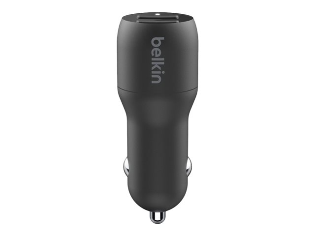 Belkin BoostCharge Dual Charger - Car power adapter - 24 Watt - 4.8 A - 2 output connectors (USB) - on cable: USB-C - black