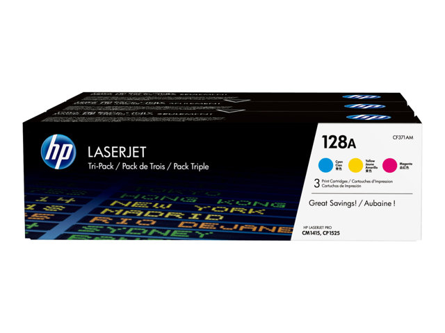 HP 128A - 3-pack - yellow, cyan, magenta - original - LaserJet - toner cartridge (CF371AM) - for Color LaserJet Pro CP1525n, CP1525nw, LaserJet Pro CM1415fn, CM1415fnw