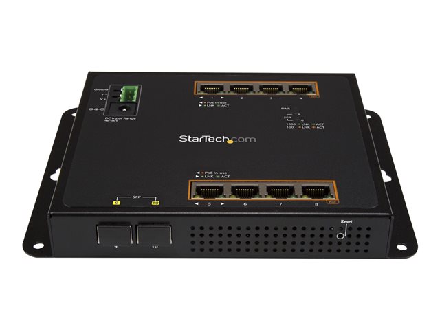 StarTech.com Industrial 8 Port Gigabit PoE+ Switch with 2 SFP MSA Slots, 30W, Layer/L2 Switch Hardened GbE Managed, Rugged High Power Gigabit Ethernet Network Switch IP-30/-40 C to 75 C - Managed Network Switch (IES101GP2SFW) - Switch - Managed - 8 x 10/100/1000 (PoE+) + 2 x SFP - wall-mountable, DIN rail mountable - PoE+ (200 W) - for P/N: GLCLHSMDSTTA, GLCSXMMDST, GLCSXMMDSTT, GLCTEST, MASFP1GBTXST, SFP1GELXST