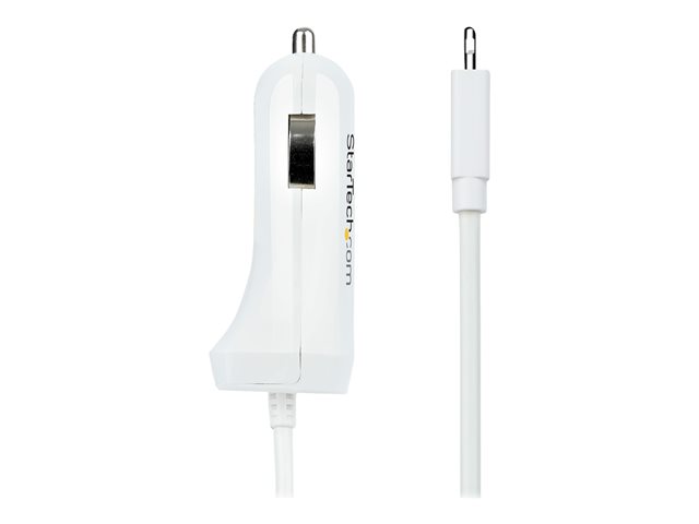 StarTech.com Lightning Car Charger with 1m Coiled Lightning Cable, 12W, White, 2 Port USB Car Charger Adapter for Phones and Tablets, In Car Apple iPhone/iPad Charger w/ Built-in Cord - Dual USB Car Charger (USBLT2PCARW2) - Car power adapter - 12 Watt - 4.2 A - 2 output connectors (USB, Lightning) - white
