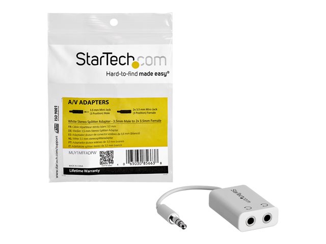 StarTech.com White Slim Mini Jack Headphone Splitter Cable Adapter - 3.5mm Audio Mini Stereo Y Splitter - 3.5mm Male to 2x 3.5mm Female (MUY1MFFADPW) - Headphones splitter - mini-phone stereo 3.5 mm female to mini-phone stereo 3.5 mm male - 15.23 cm - white