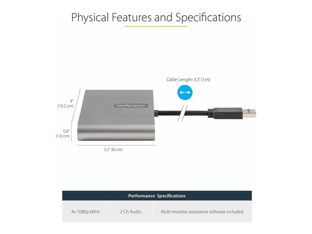 StarTech.com USB 3.0 to 4 HDMI Adapter, External Video & Graphics Card, USB Type-A to Quad HDMI Monitor Display Adapter Dongle, 1080p 60Hz, USB 3.0 to HDMI Adapter/Video Converter, Windows - Multi Monitor Adapter - Adapter cable - USB Type A male to HDMI female - 1 m - space grey - 1080p support 60Hz