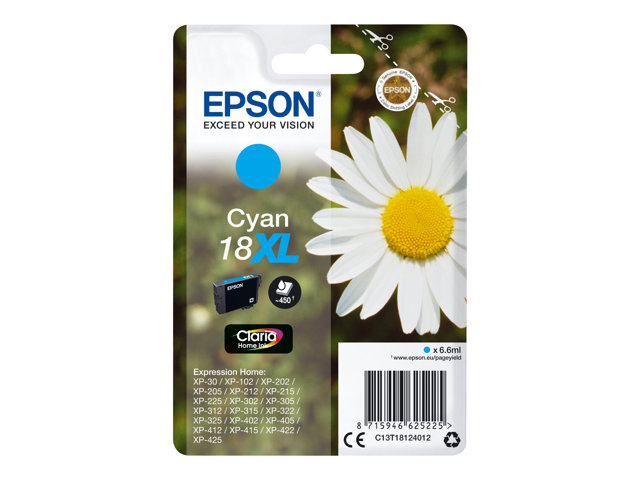 Epson 18XL - 6.6 ml - XL - cyan - original - ink cartridge - for Expression Home XP-212, 215, 225, 312, 315, 322, 325, 412, 415, 422, 425